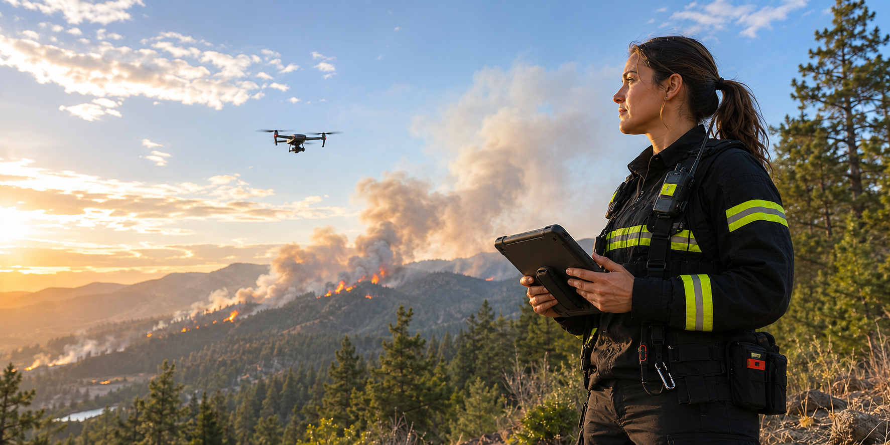 Operator running an autonomous drone mission over rugged terrain at dusk