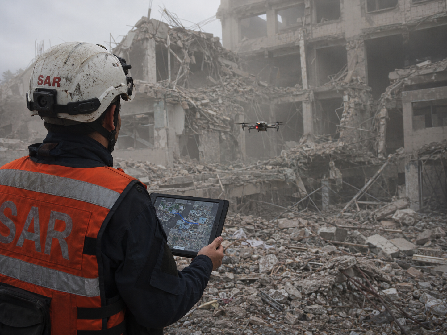 Search-and-rescue responder reviewing a Co-Pilot mission plan on a tablet as a drone flies into a collapsed building