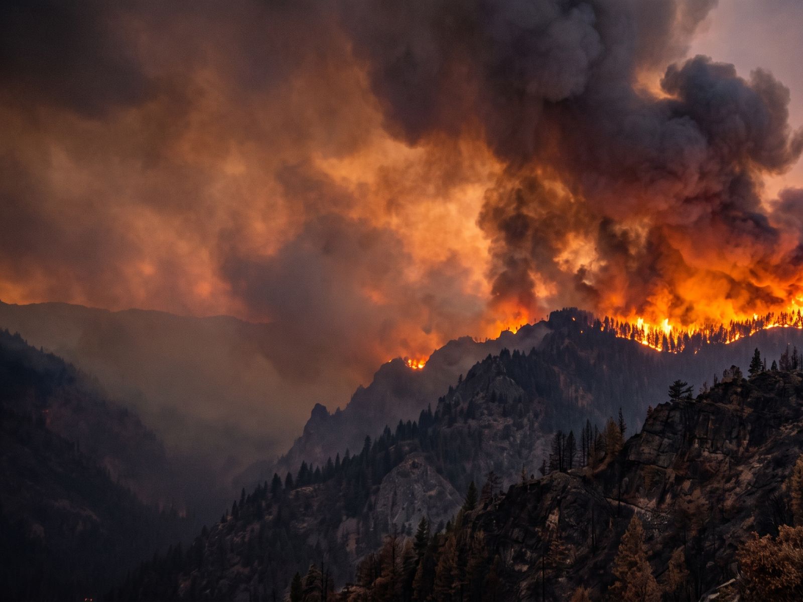 Wildfire on a mountain ridge at dusk